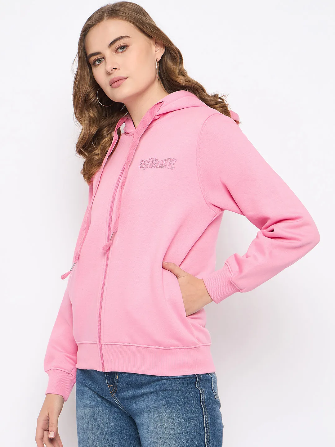 Weekend Chic Core Layer Madame Placement Print Detailed Pink Hooded Sweatshirt