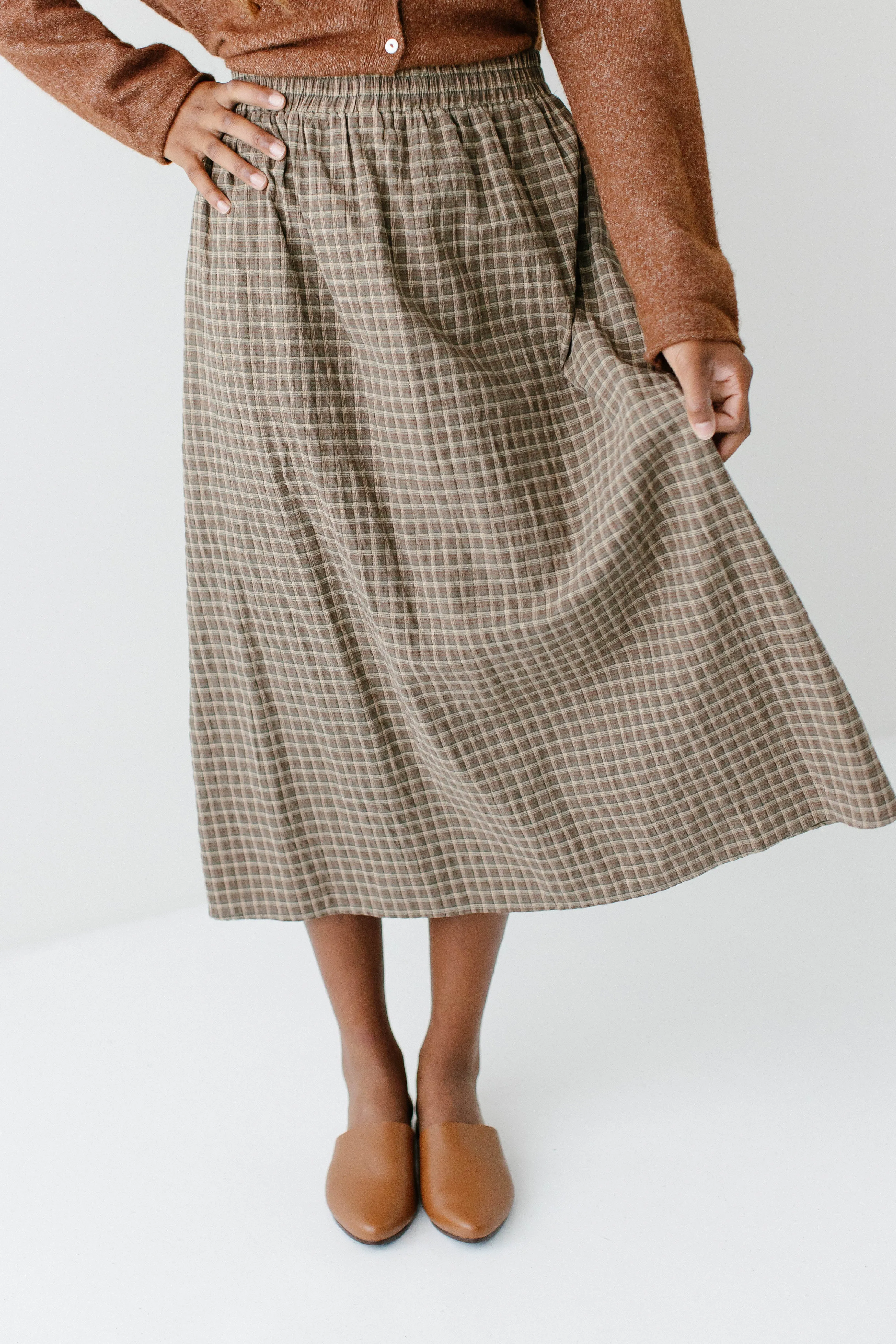 'Havilah' Plaid Print Cotton Midi Skirt Flexible Band Outfit Focus Layered Structure