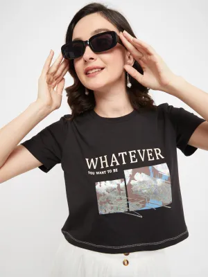 Madame Black Typography Cotton T-Shirt Solid Color