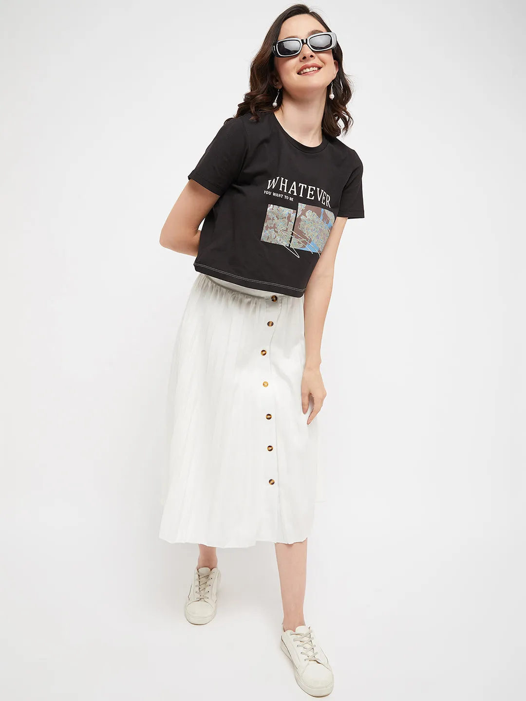 Madame Black Typography Cotton T-Shirt Street Trend Striped Pattern