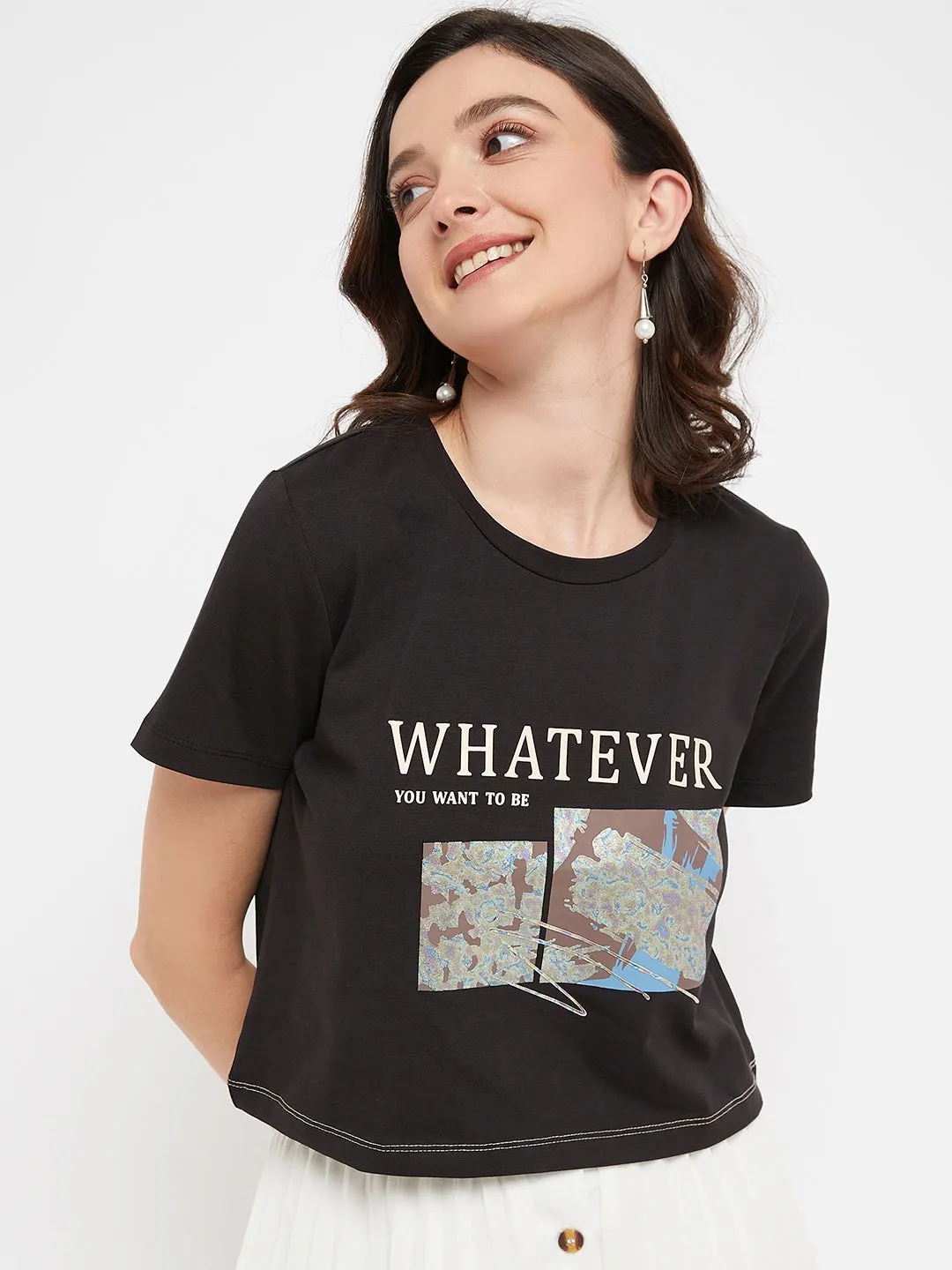 Madame Black Typography Cotton T-Shirt Compact Stitch Pattern Trendy Tops