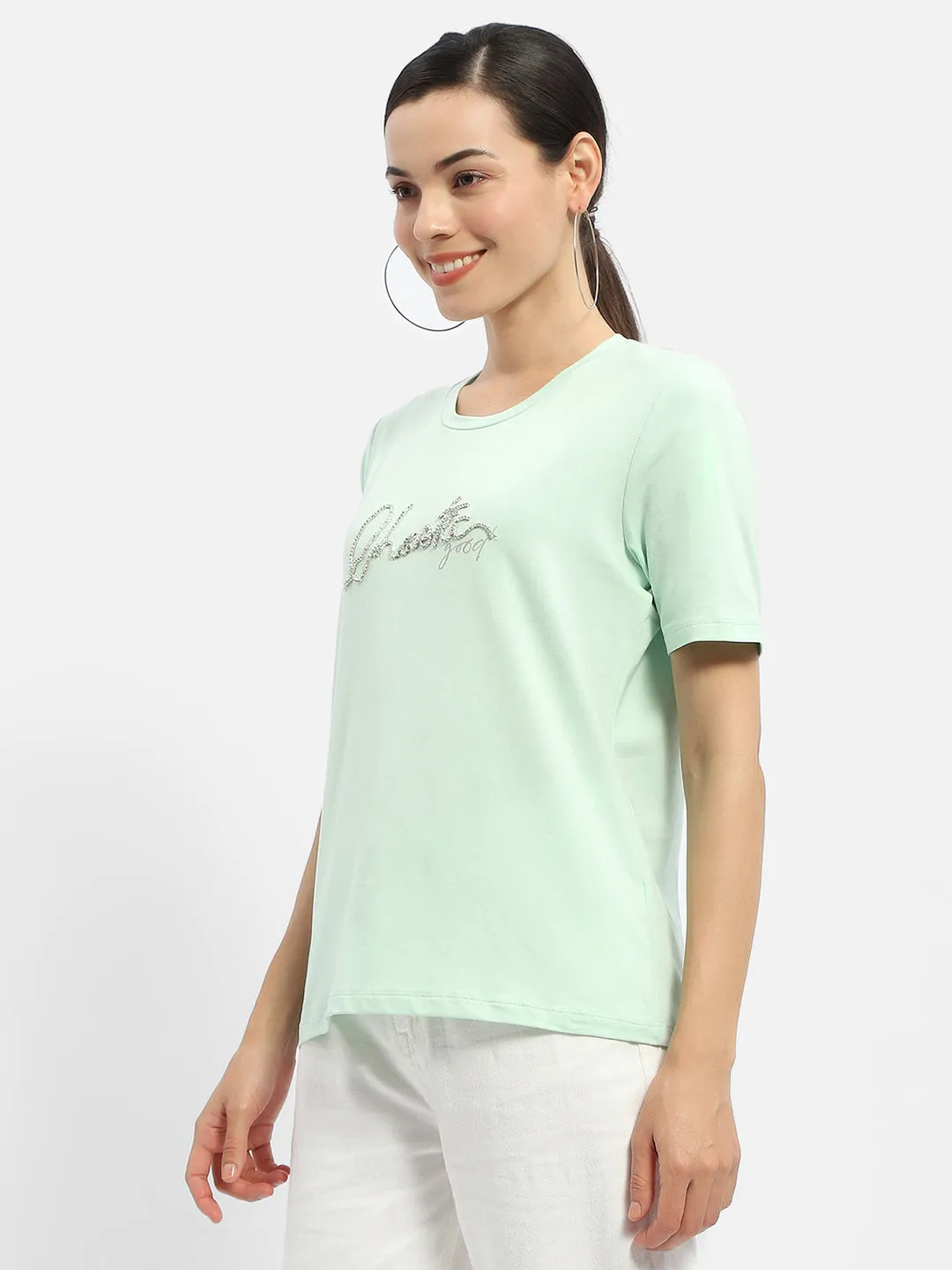 Minimalist Comfort Chic Madame Typography Mint Crew Neck T-Shirt