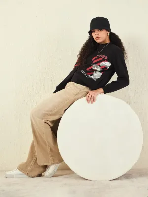 Madame Graphic Print Cotton Blend Black Sweatshirt ironable High-quality