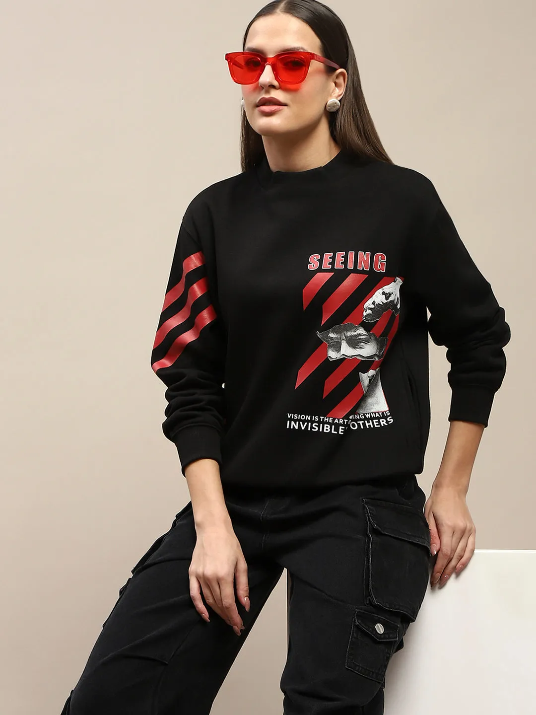 Madame Graphic Print Cotton Blend Black Sweatshirt product casual elegance factor