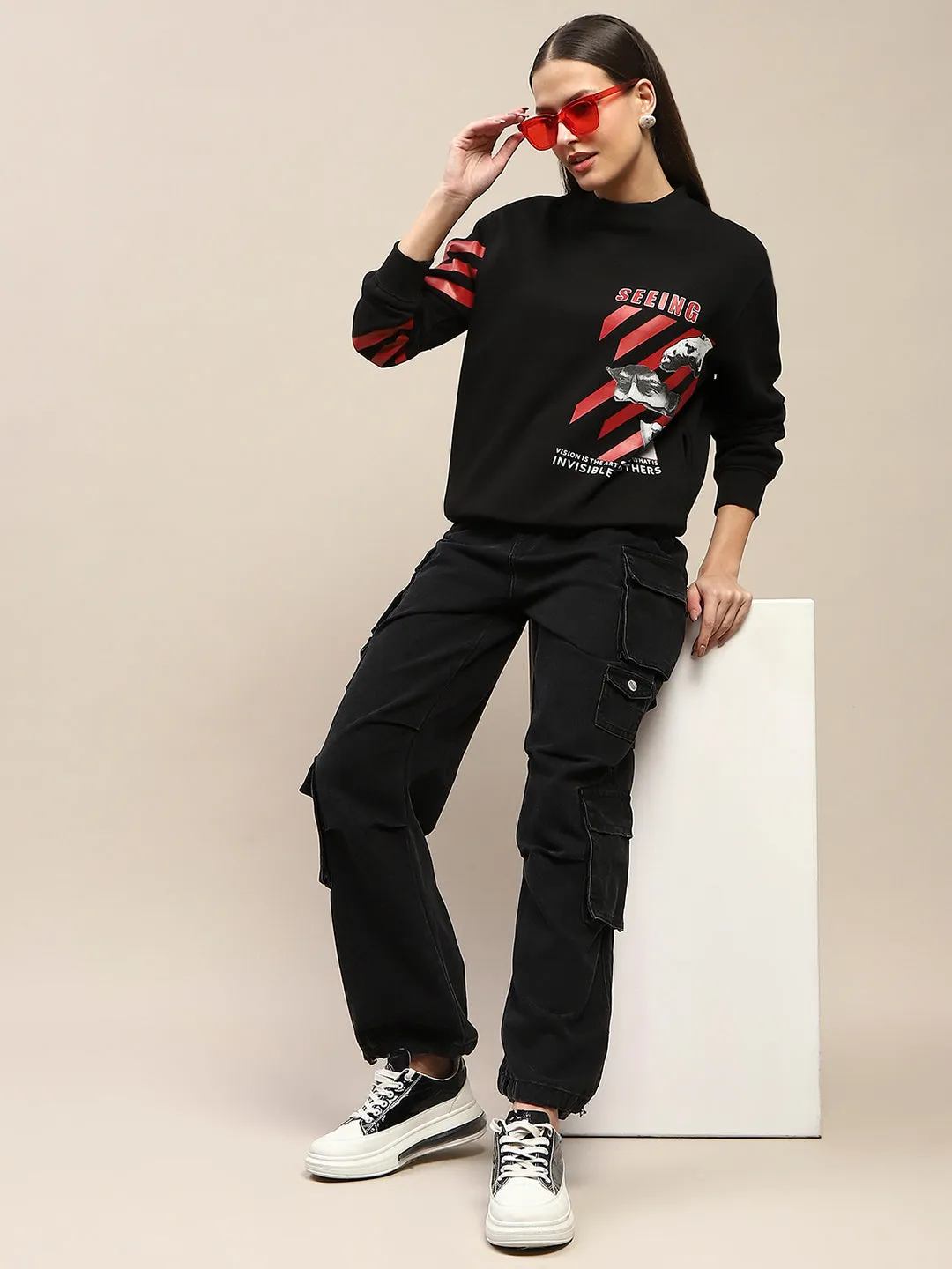 Madame Graphic Print Cotton Blend Black Sweatshirt Layer Relaxed thermal