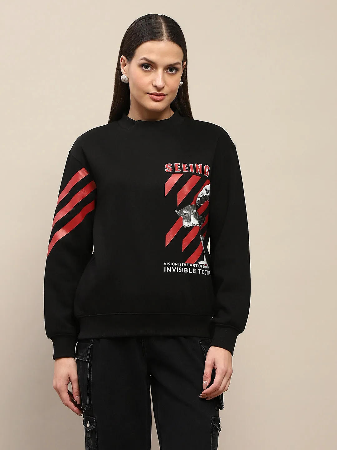 Festival Outfit Madame Graphic Print Cotton Blend Black Sweatshirt