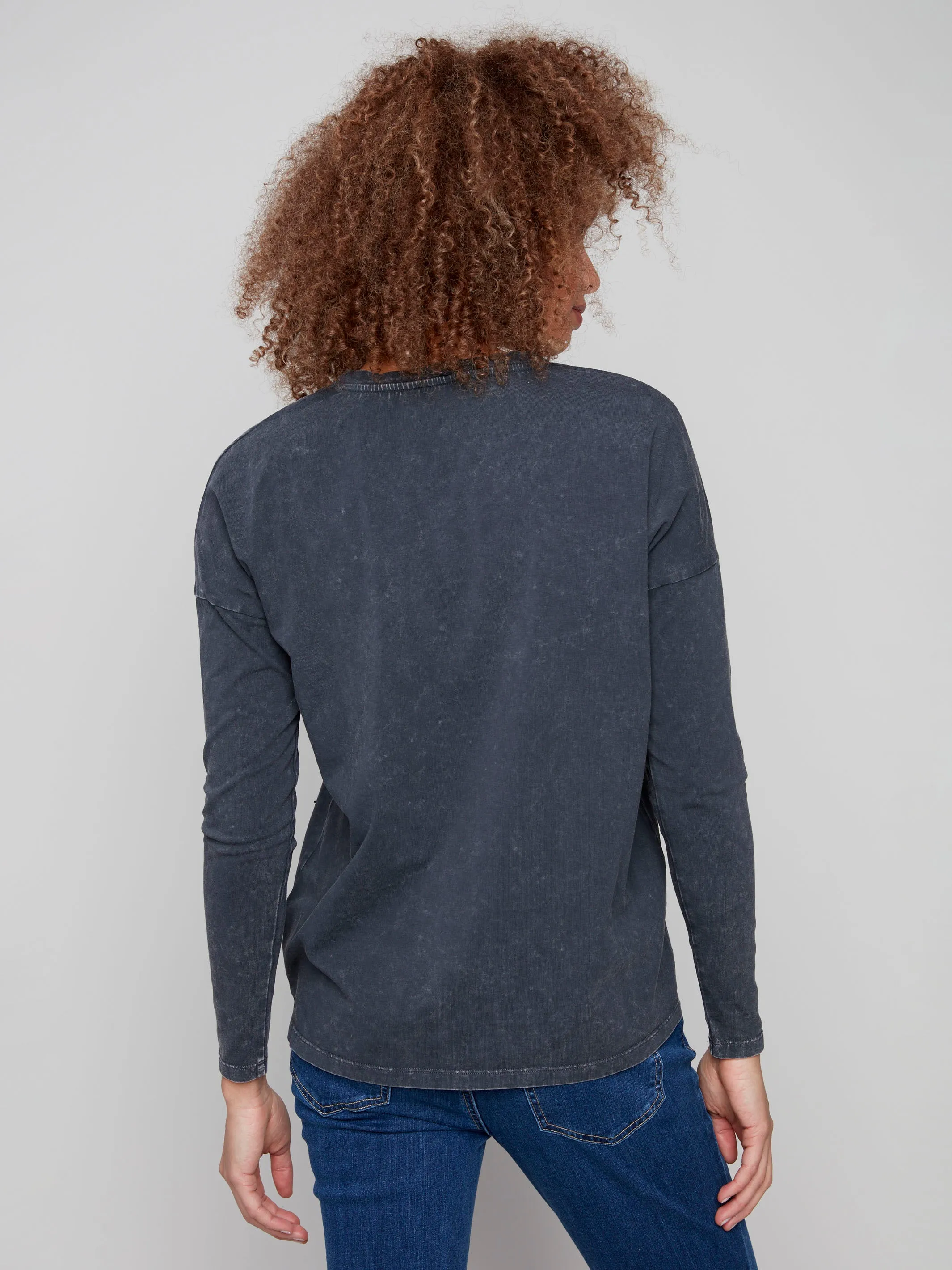 Soft Hoodie Beaded Vintage Wash V-Neck Knit Top - Charcoal
