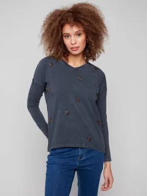 Beaded Vintage Wash V-Neck Knit Top - Charcoal HighVisibility Trim