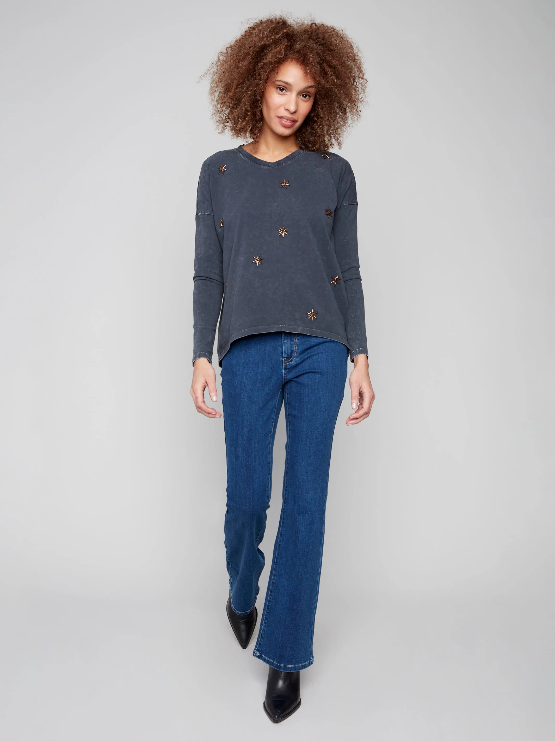 Glam Night Outdoor Gear Beaded Vintage Wash V-Neck Knit Top - Charcoal