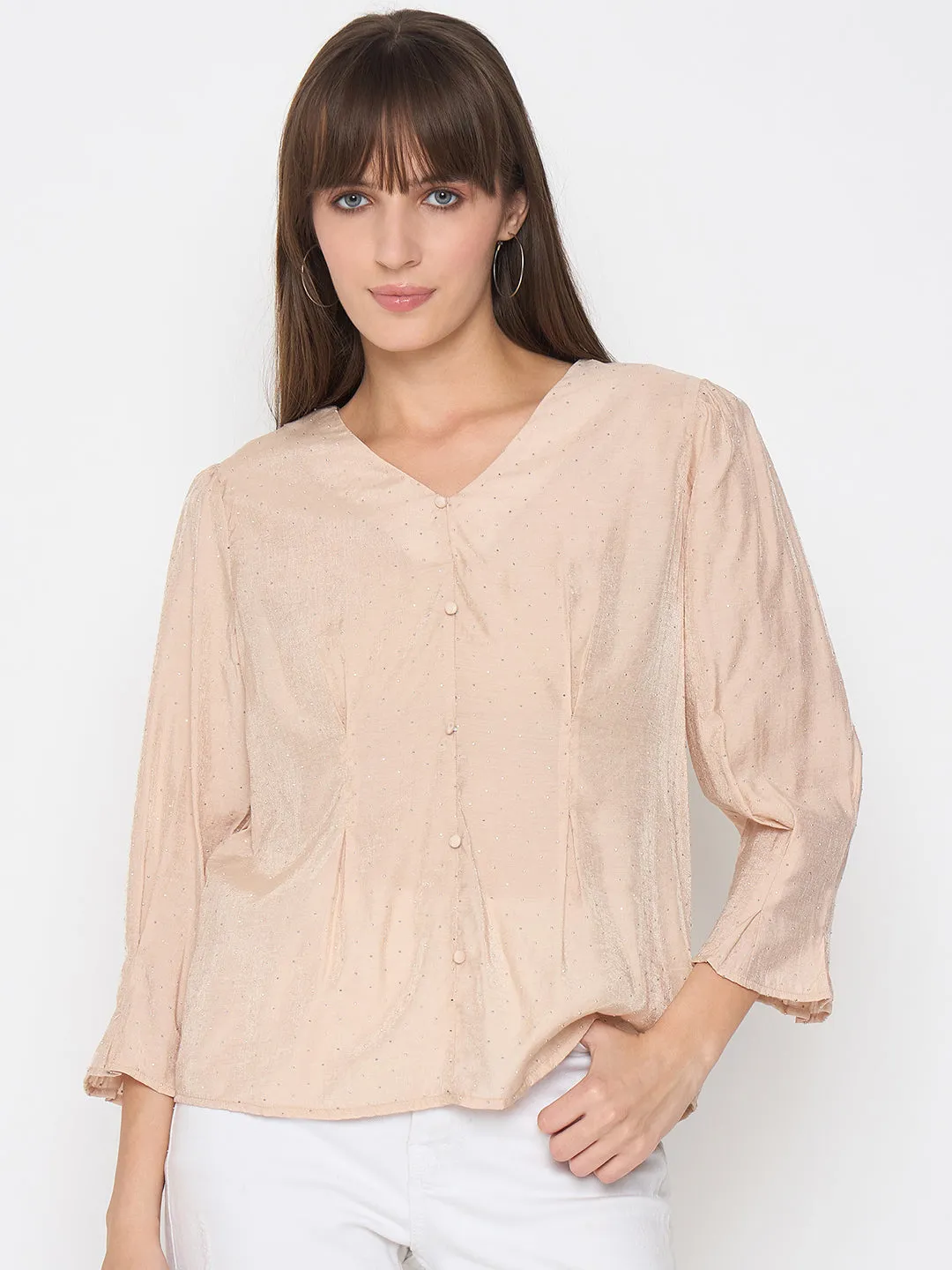 Effortless Style Legend Glow Madame Nylon Swarovski Dart Detailed Beige Top