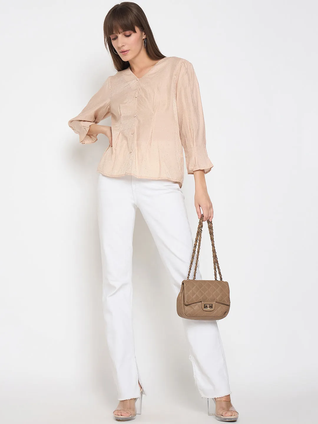 Denim style Madame Nylon Swarovski Dart Detailed Beige Top