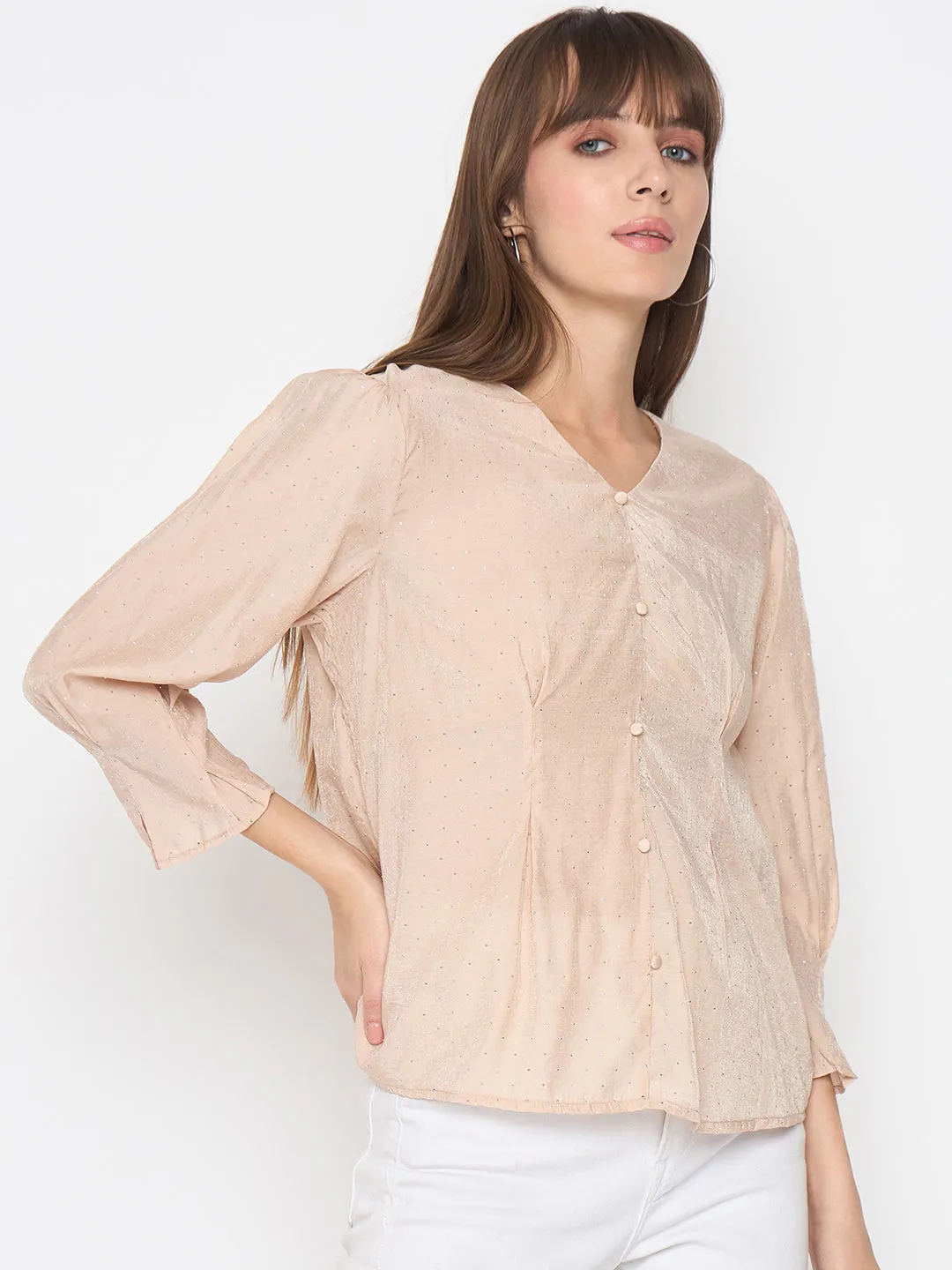 Madame Nylon Swarovski Dart Detailed Beige Top Stretchable Material