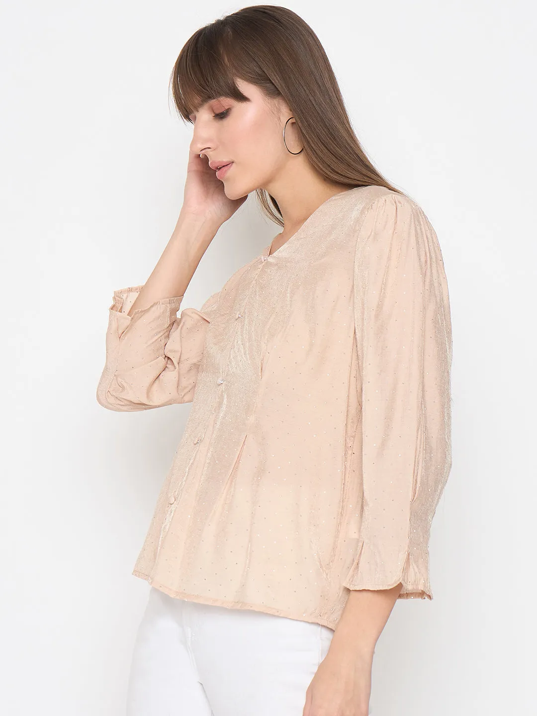 Classic Mode Madame Nylon Swarovski Dart Detailed Beige Top