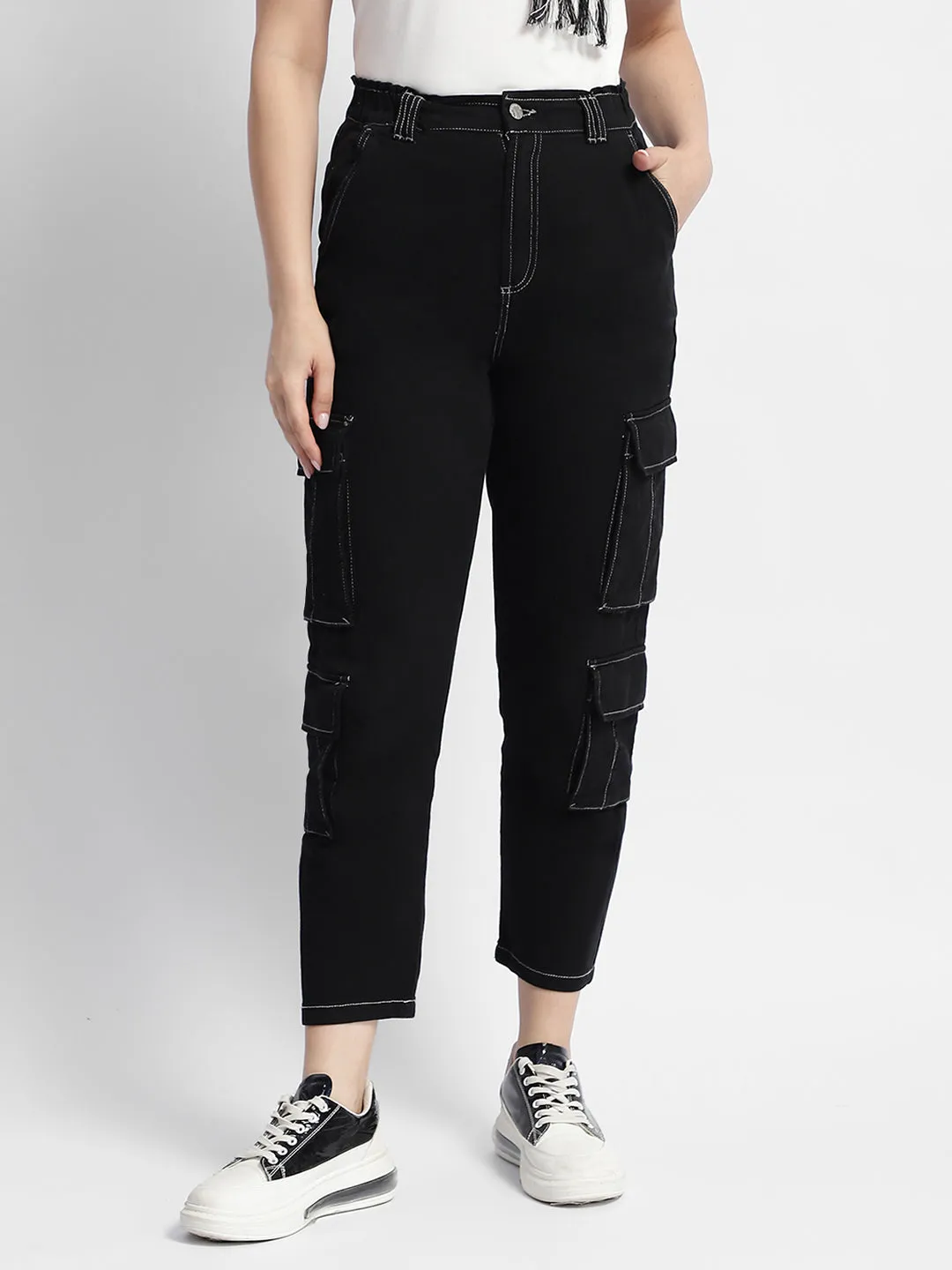Thermal Lining Practical Wear Madame Mid Rise Tapered Fit Black Cargo