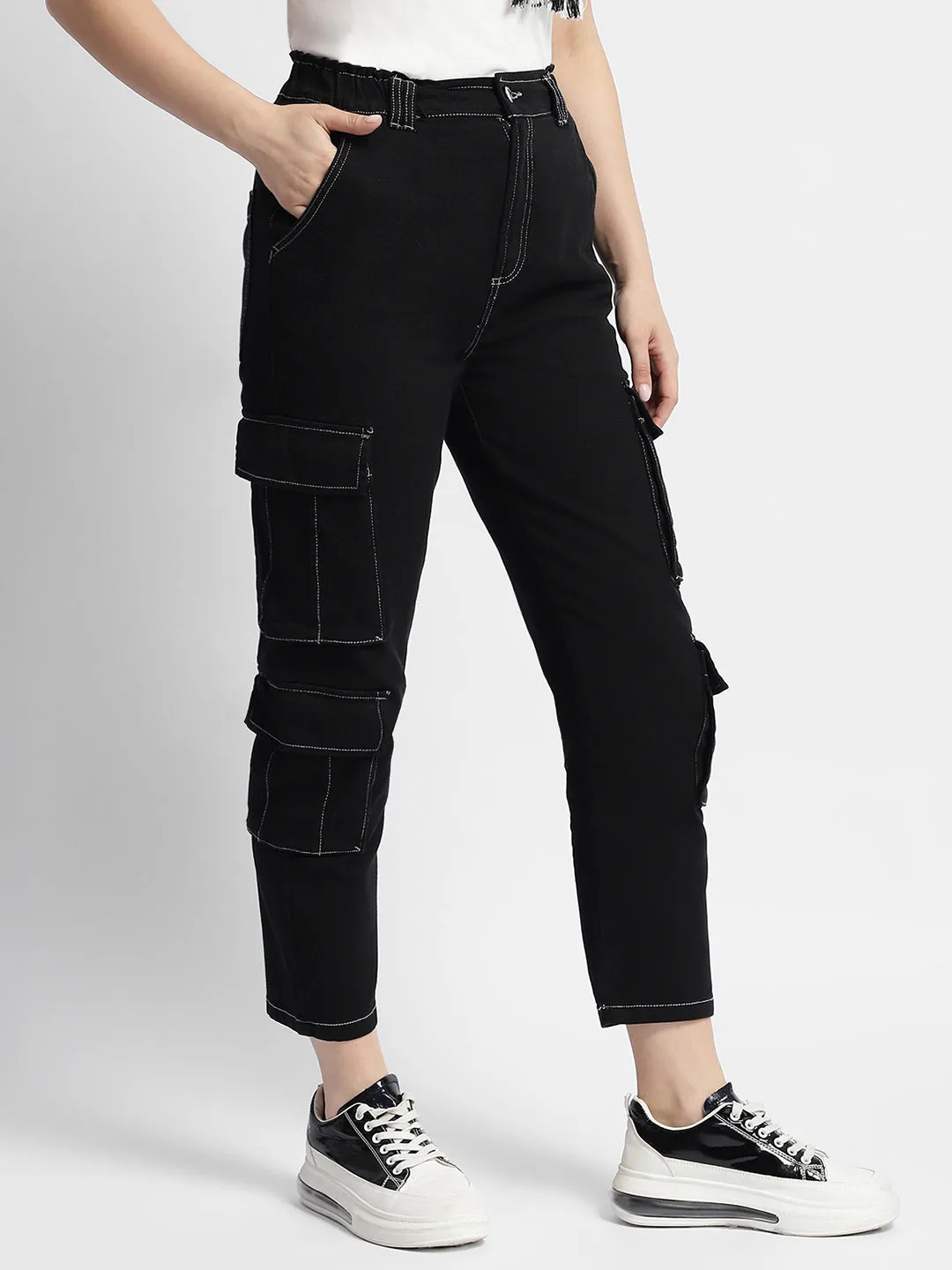 AntiSnagZippers Ripped design Madame Mid Rise Tapered Fit Black Cargo