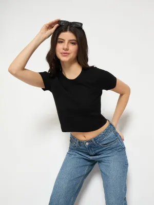 Madame Ribbed Sold Black Knitted Crop Top Clear Tone NonRestrictive Fit