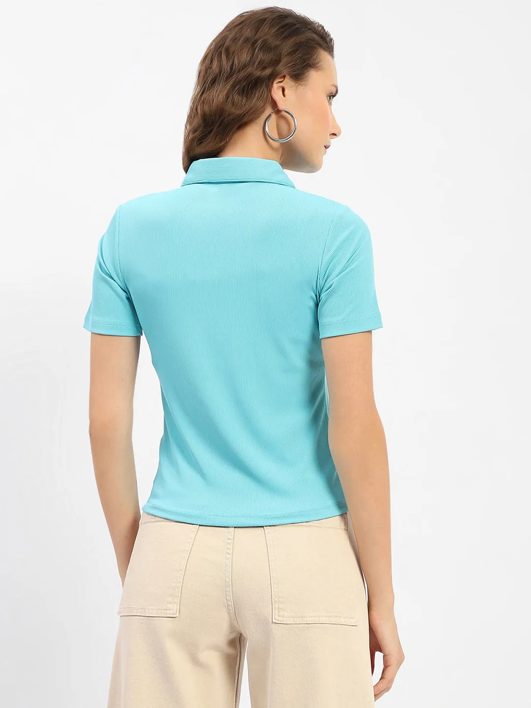 Madame Turquoise Blue Polo Neckline Top HighCollar Style Seamless transition