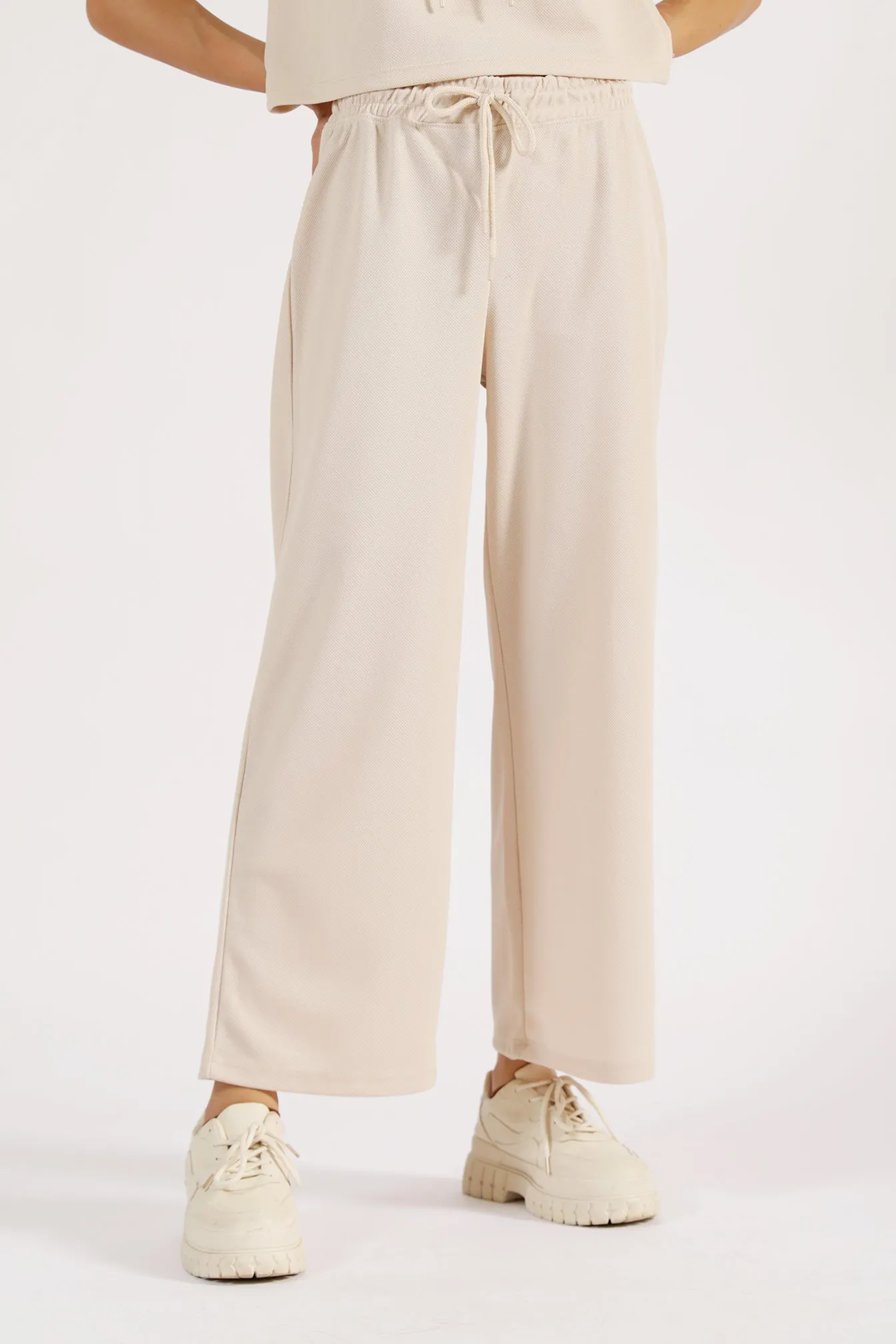 TEXTURED KNIT WIDE LEG TROUSERS Flat Lock Stitching All Day Use