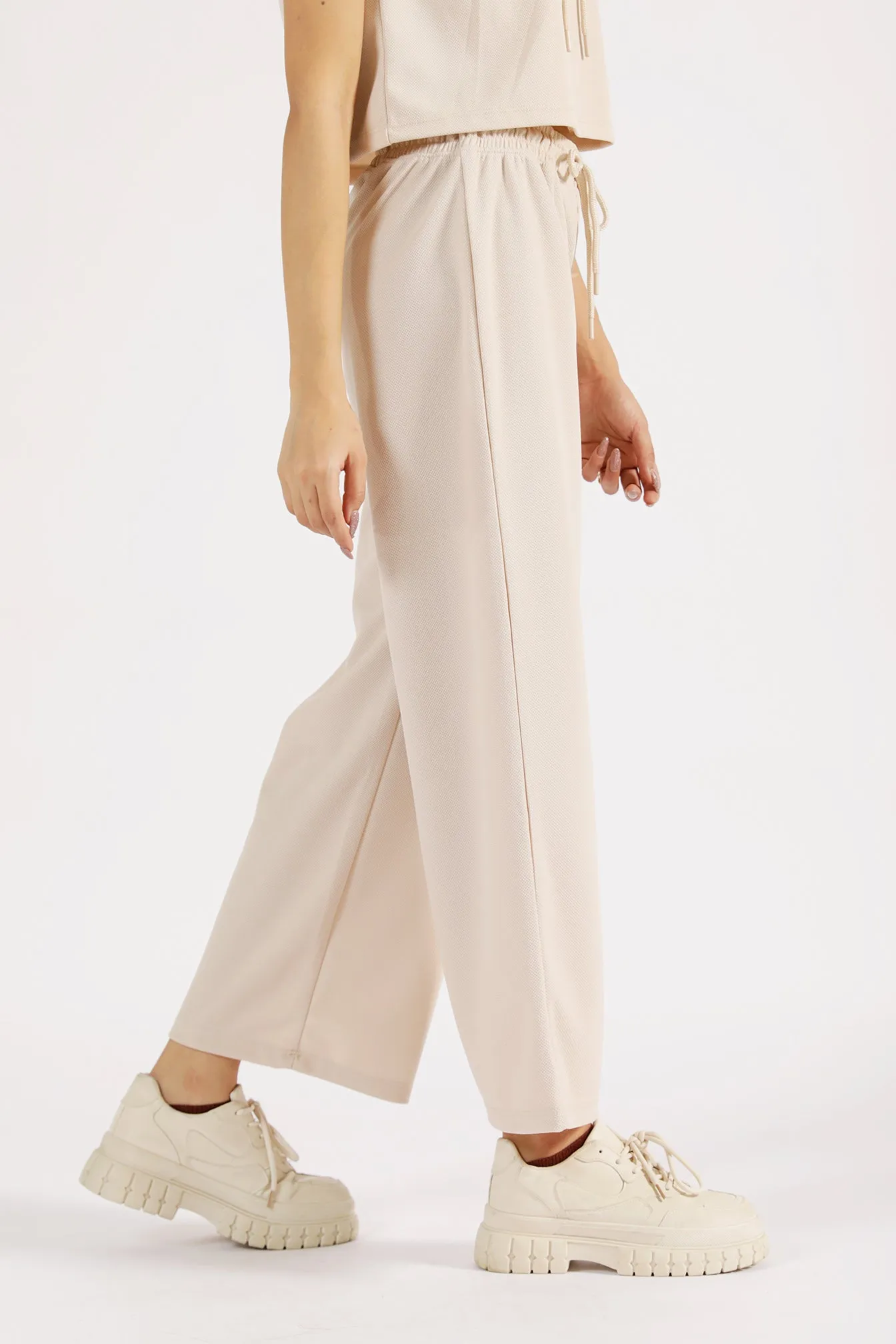 TEXTURED KNIT WIDE LEG TROUSERS Lightweight Weave Comfort-First