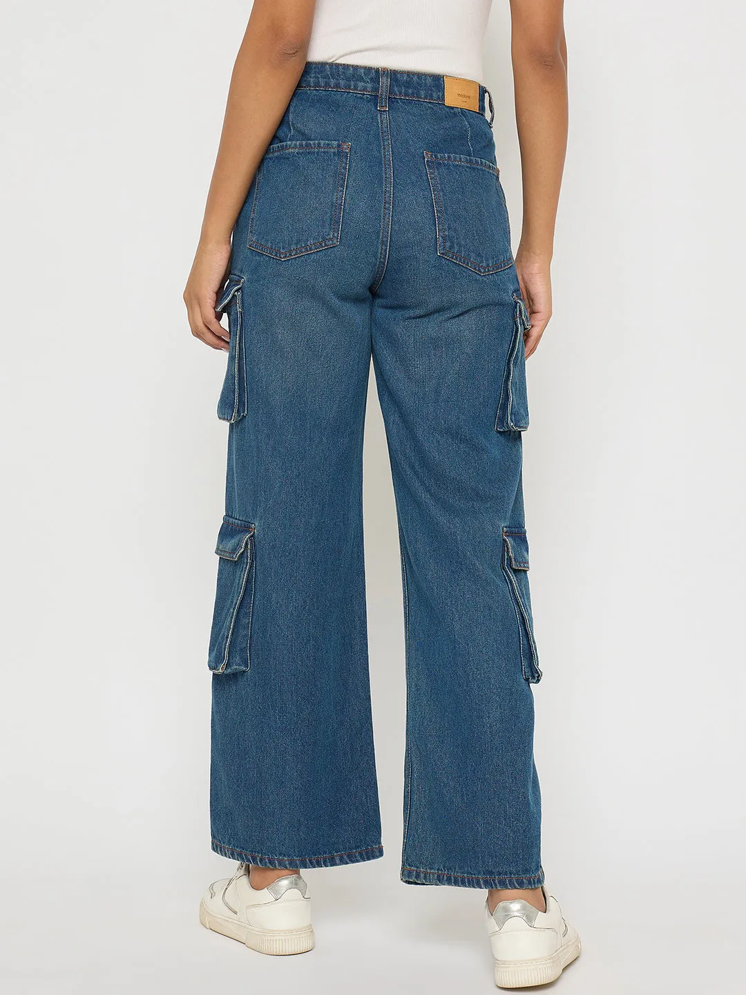 OdorResistant Timeless Comfort Wear Madame Multi Pocketed Mid Blue Cotton Denim Cargo