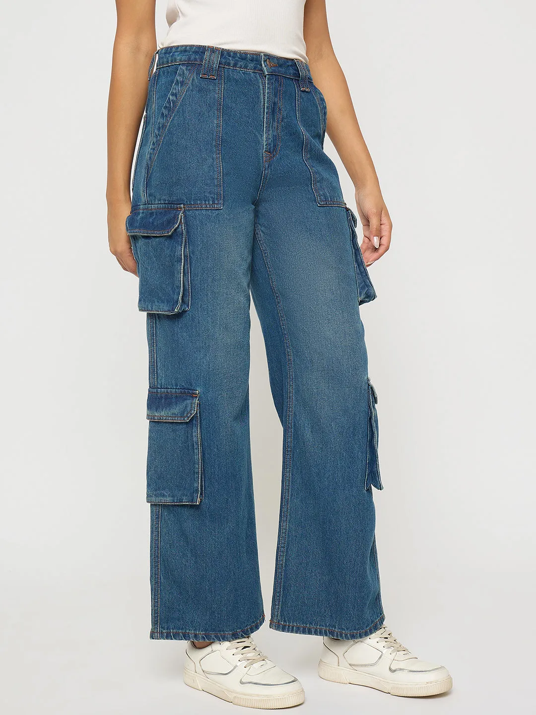 Odor Control Tech All-Purpose Wear Madame Multi Pocketed Mid Blue Cotton Denim Cargo