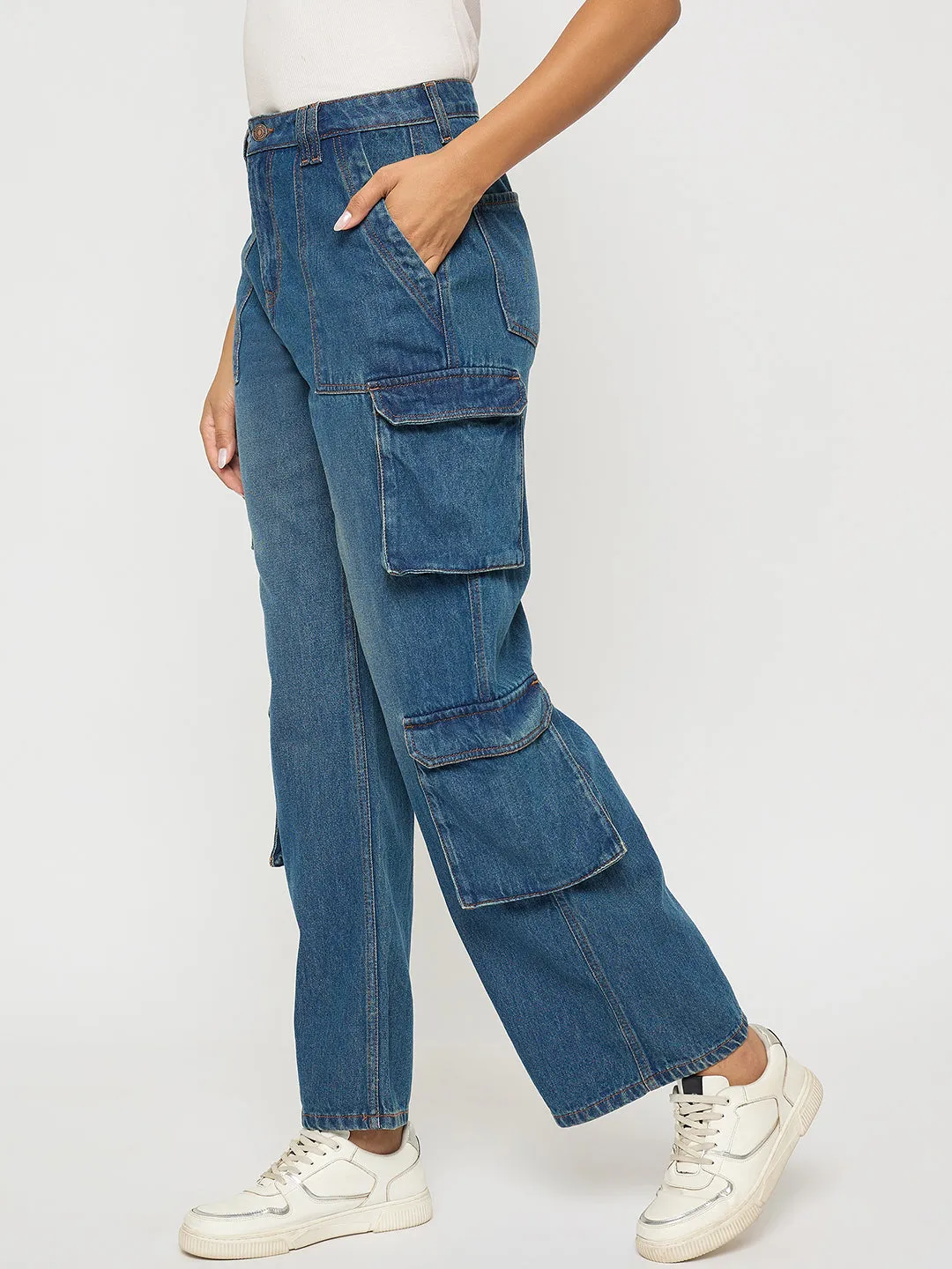 Active Lifestyle Madame Multi Pocketed Mid Blue Cotton Denim Cargo
