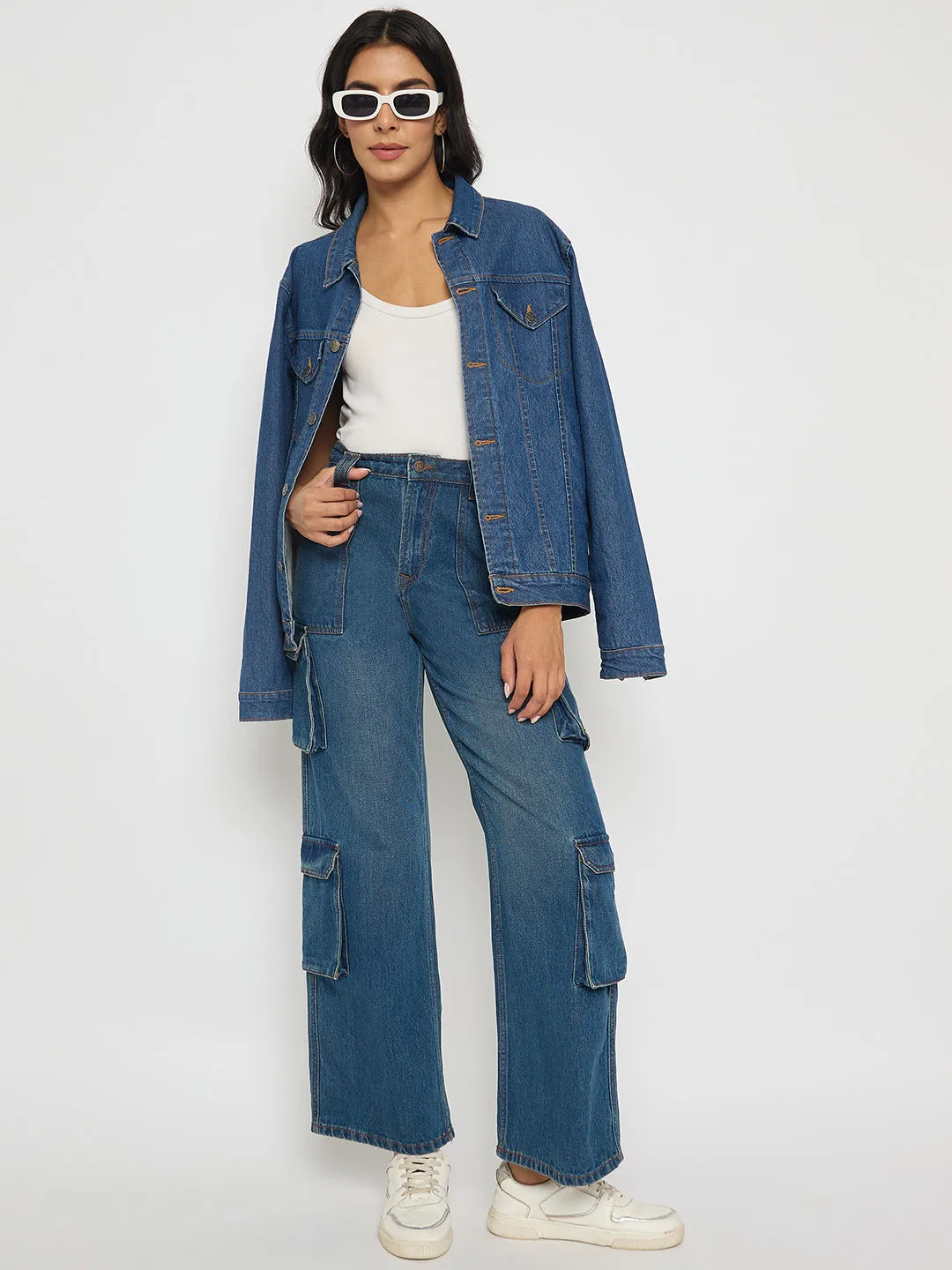 Multi Pocket Design Madame Multi Pocketed Mid Blue Cotton Denim Cargo