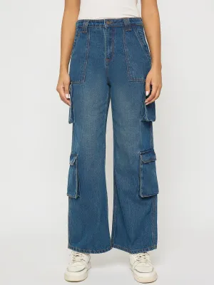 Madame Multi Pocketed Mid Blue Cotton Denim Cargo Sleek Fit Quick drying material