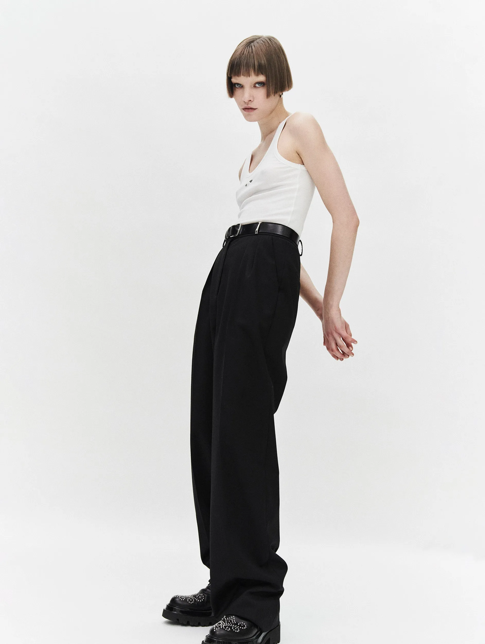 Black gabardine masculine pleated trousers Neutral Style