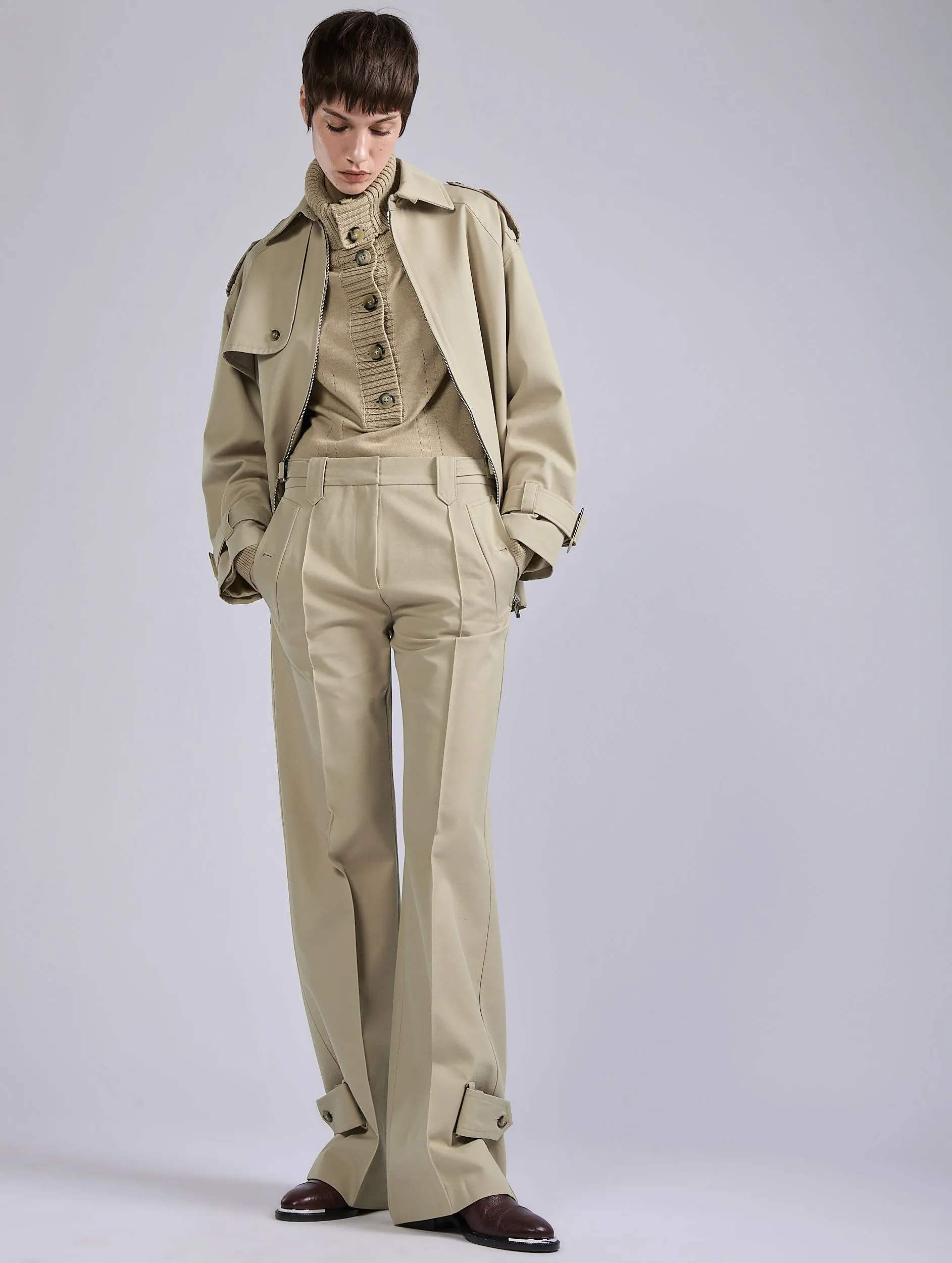 Sand wool-cotton gabardine trousers Yoga Ready Secure Cuff Design