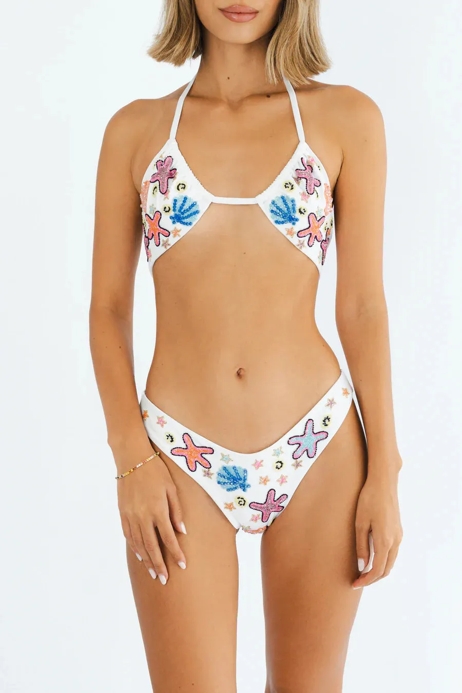 Adjustable Side Ties Racerback Support System Marissa Hand Embroidered Luxe Bikini Top- White
