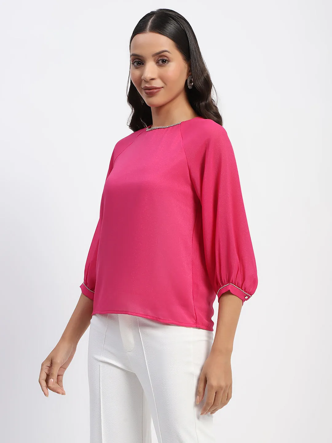 Madame Embellished Puffed Sleeve Hot Pink Top Professional Style Rich Tone