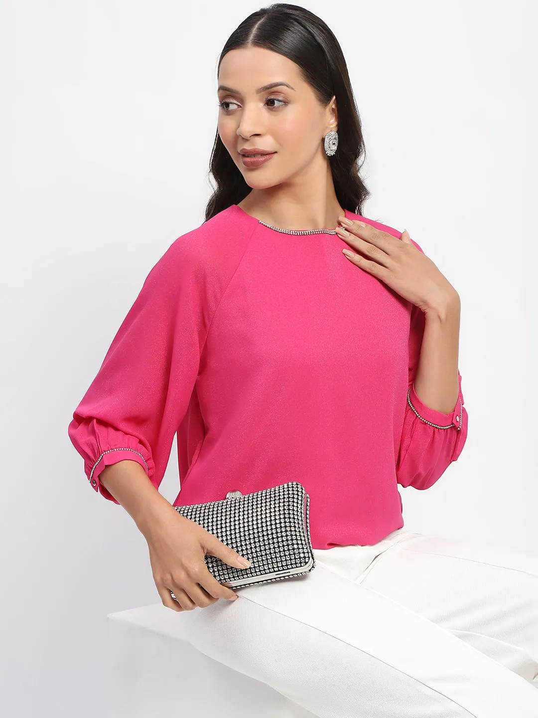 Madame Embellished Puffed Sleeve Hot Pink Top Adjustable Waistband