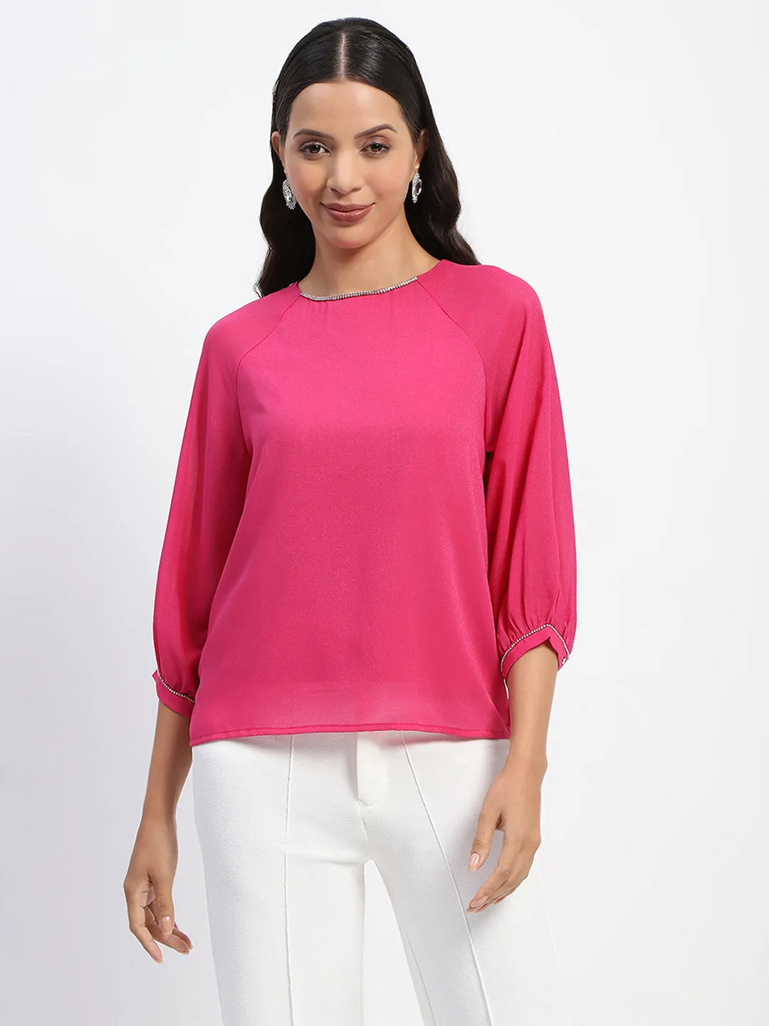 NonChafe Madame Embellished Puffed Sleeve Hot Pink Top