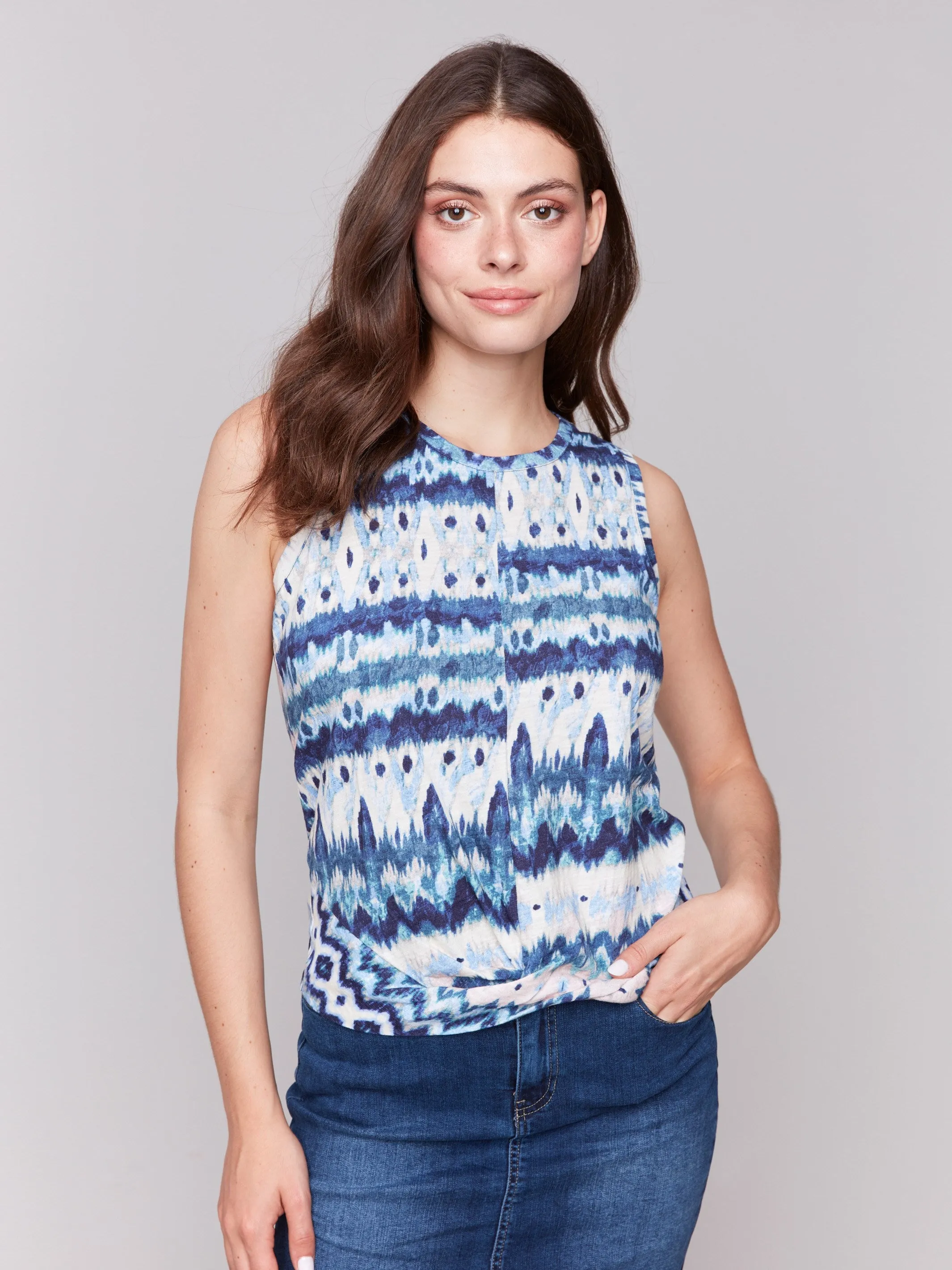 Printed Cotton Slub Tank Top with Knot Detail - Lake Tahoe Dense Fit