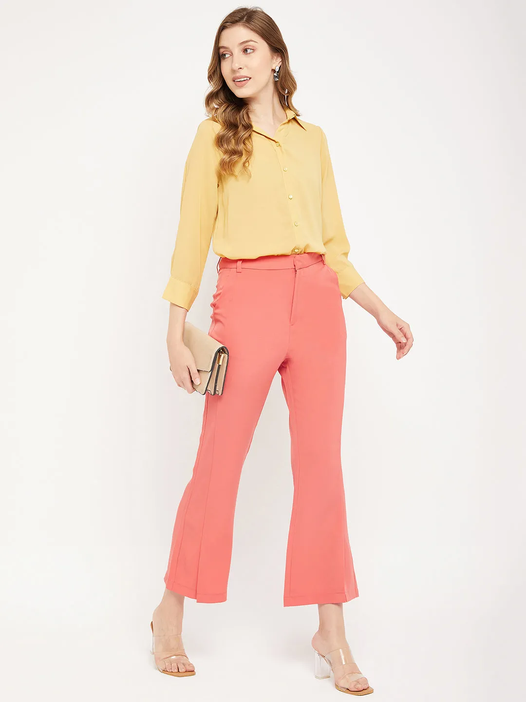 Madame Solid Coral Bootcut Trousers Trendy Layering Timeless Comfort Fit