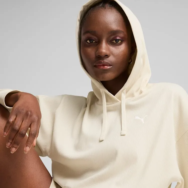 Puma Women's Essentials Elevated Ribbed Cream Hoodie hat accents