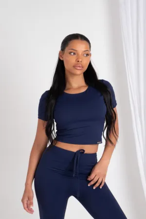 Cropped Built In Bra Short Sleeved Top Navy Washable fabric