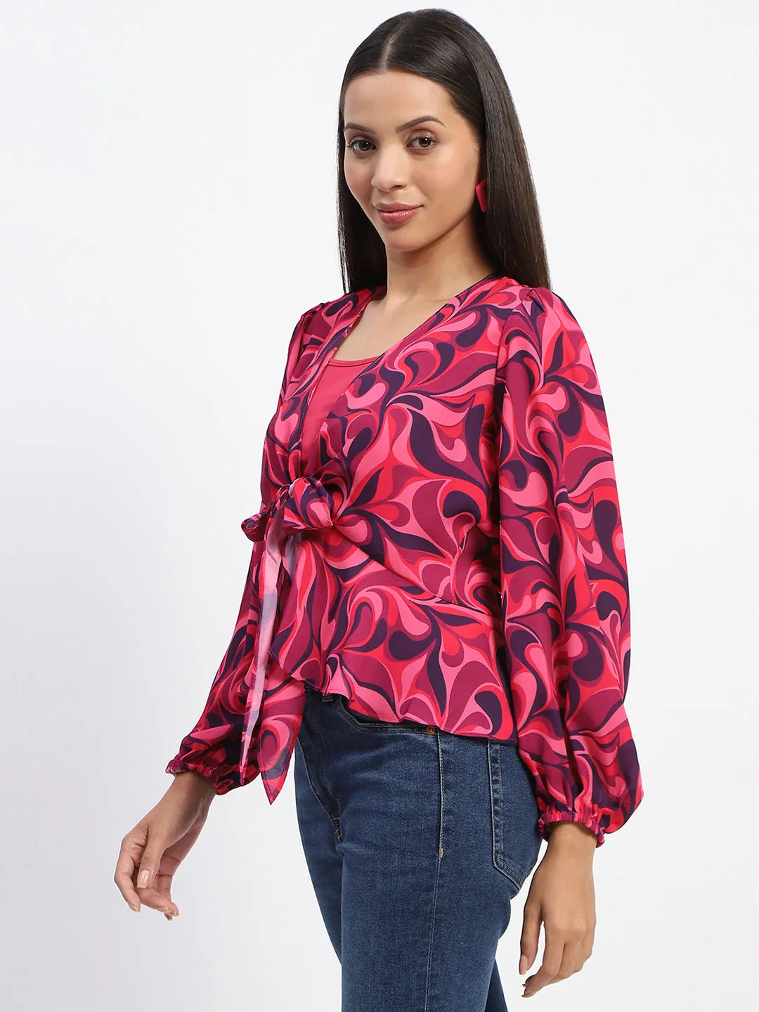 Peace Flow Trendy Top Madame Abstract Print Tie Front Pink Top