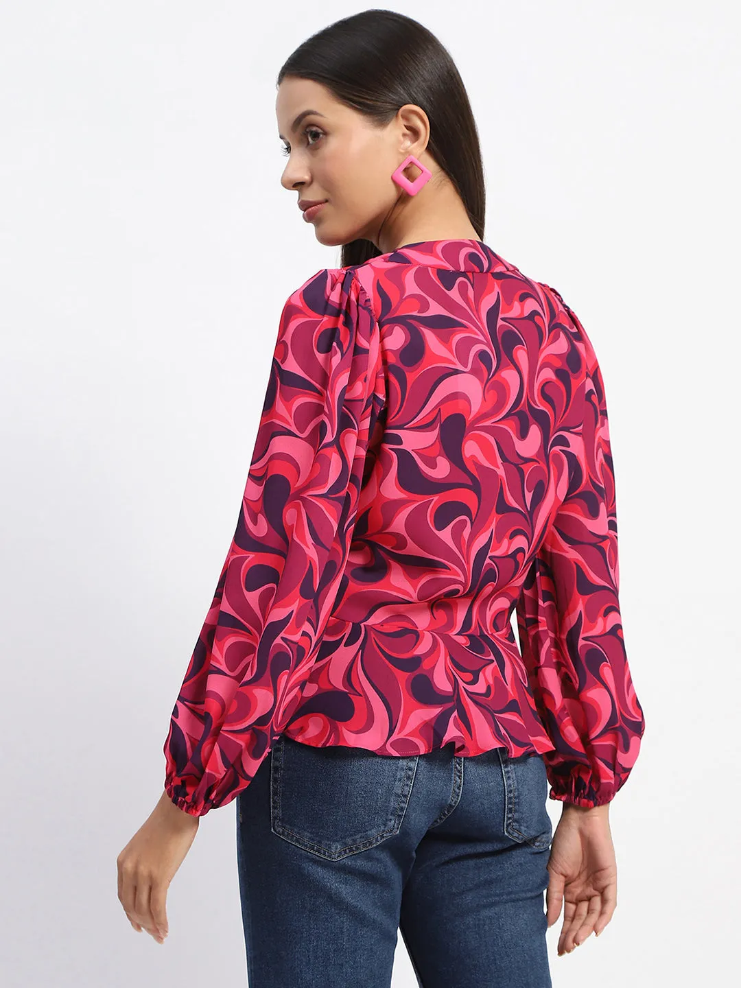 Madame Abstract Print Tie Front Pink Top Versatile Scarf Sun Beam