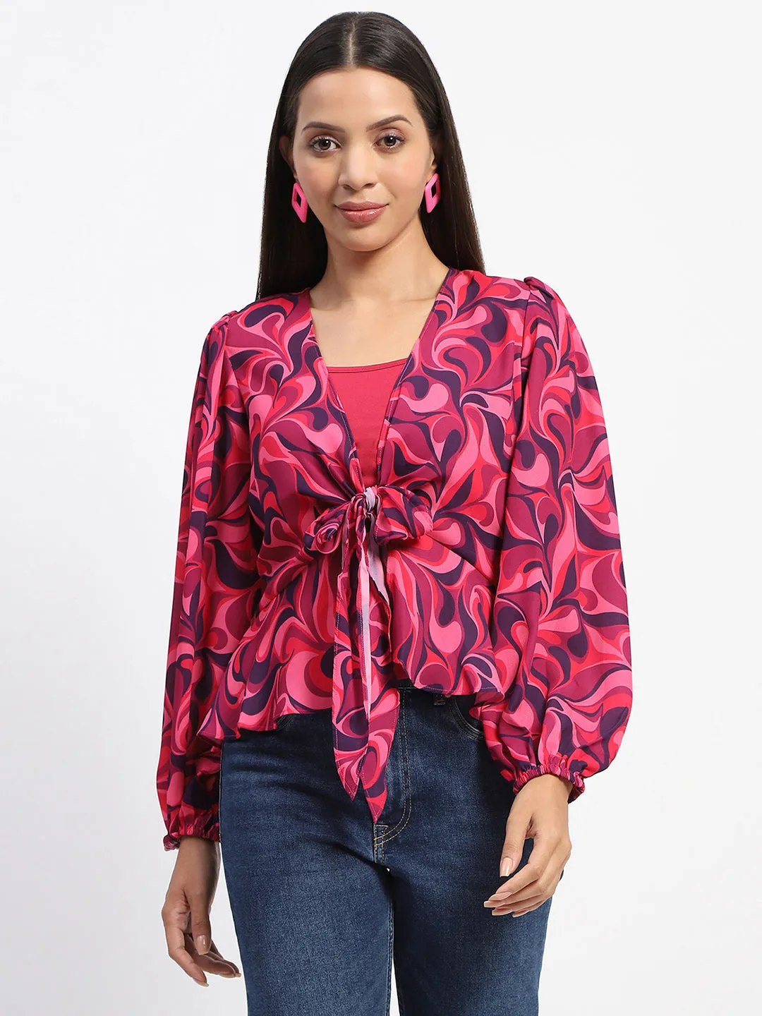 Madame Abstract Print Tie Front Pink Top Suede Mood WaterResistant Coating