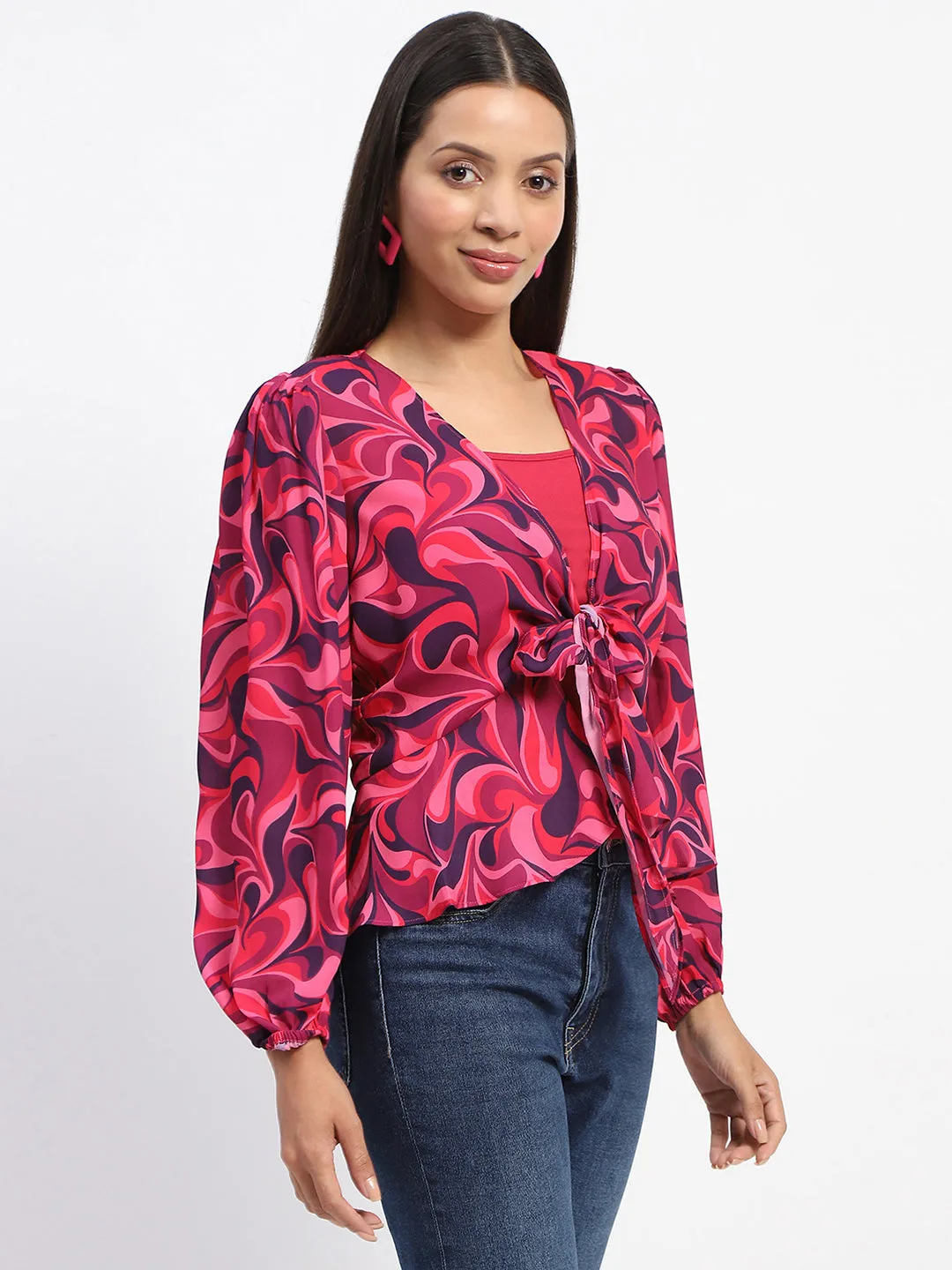Madame Abstract Print Tie Front Pink Top Summer Air StaticFree Lining