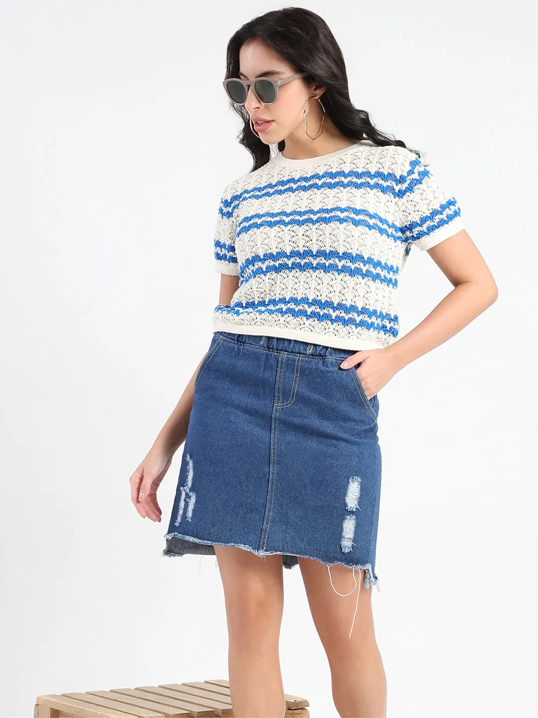 Madame Striped Crocheted Beige Cotton Crop Top Virtual Fit