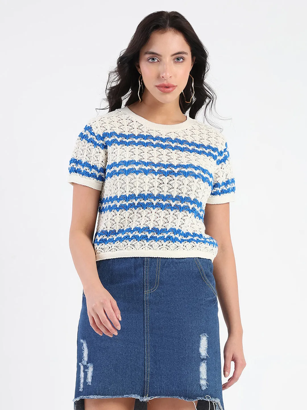 Comfortable Jacket EasyAdjustment Madame Striped Crocheted Beige Cotton Crop Top