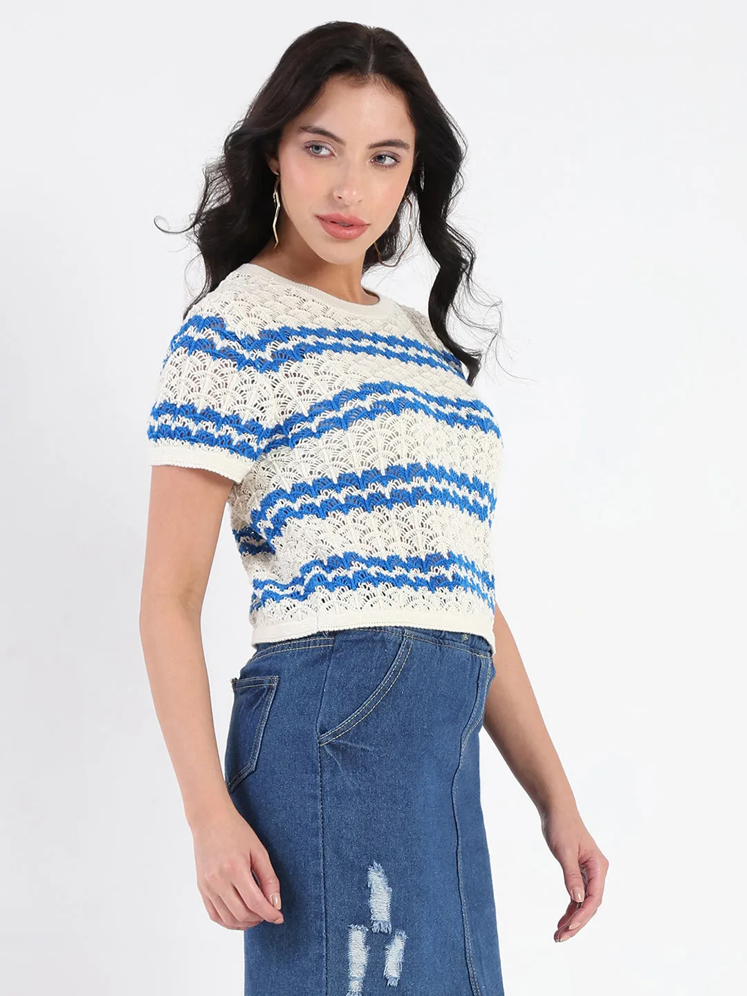 Madame Striped Crocheted Beige Cotton Crop Top Cool Hooded Jacket Leader Fit