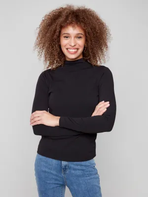 Long Sleeve Mock Neck Top - Black StretchableMaterial Comfortable Lounge