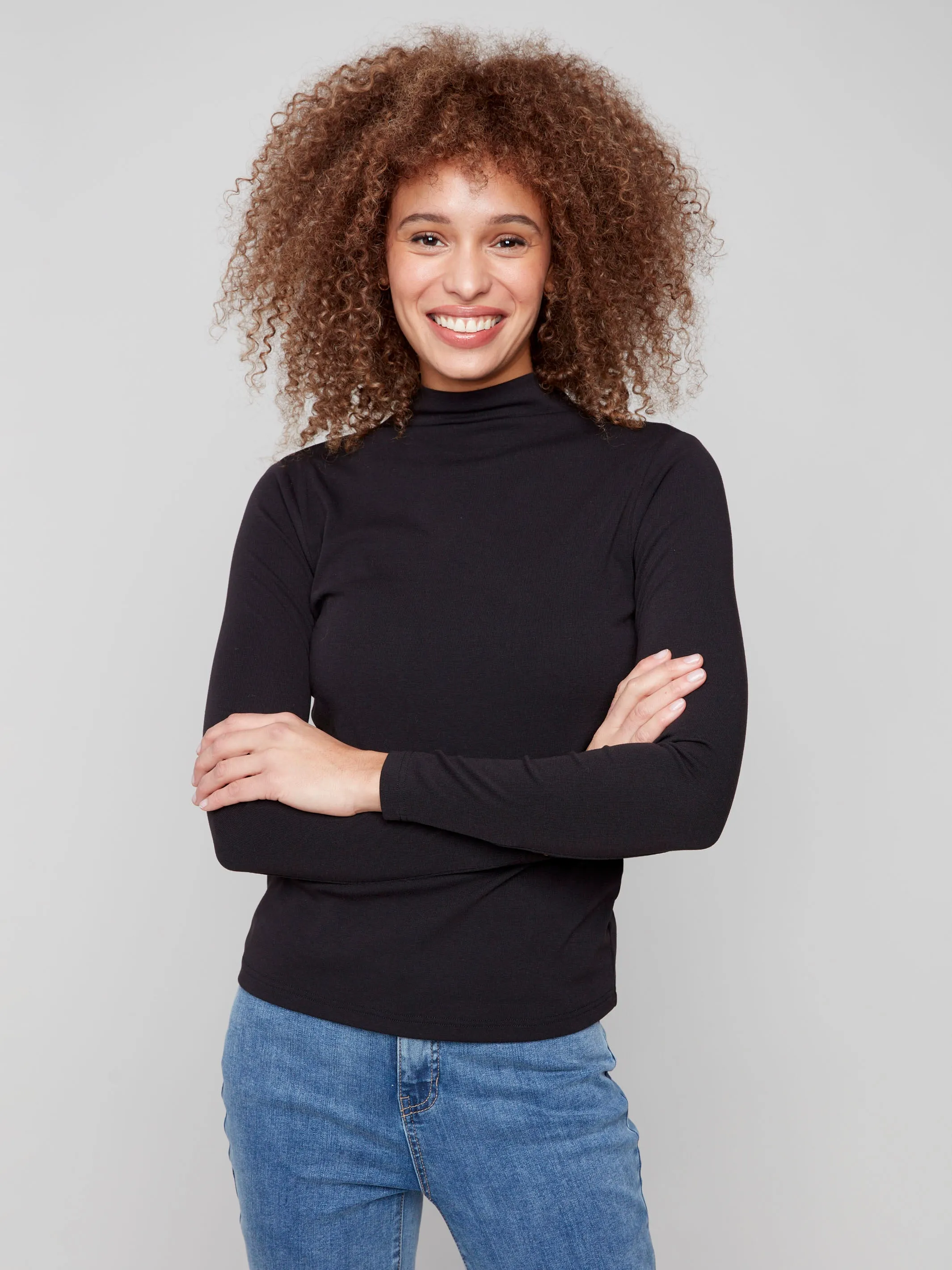 Long Sleeve Mock Neck Top - Black StretchableMaterial Comfortable Lounge