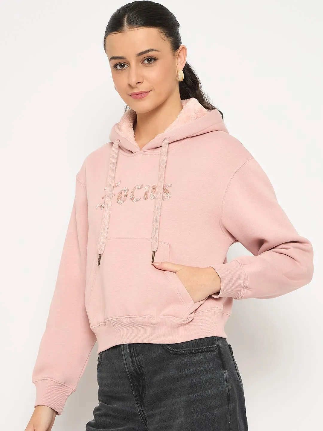 Versatile Outfit Madame Fleece Placement Printed Handwork Detailed Dusty Pink Sweatshirt