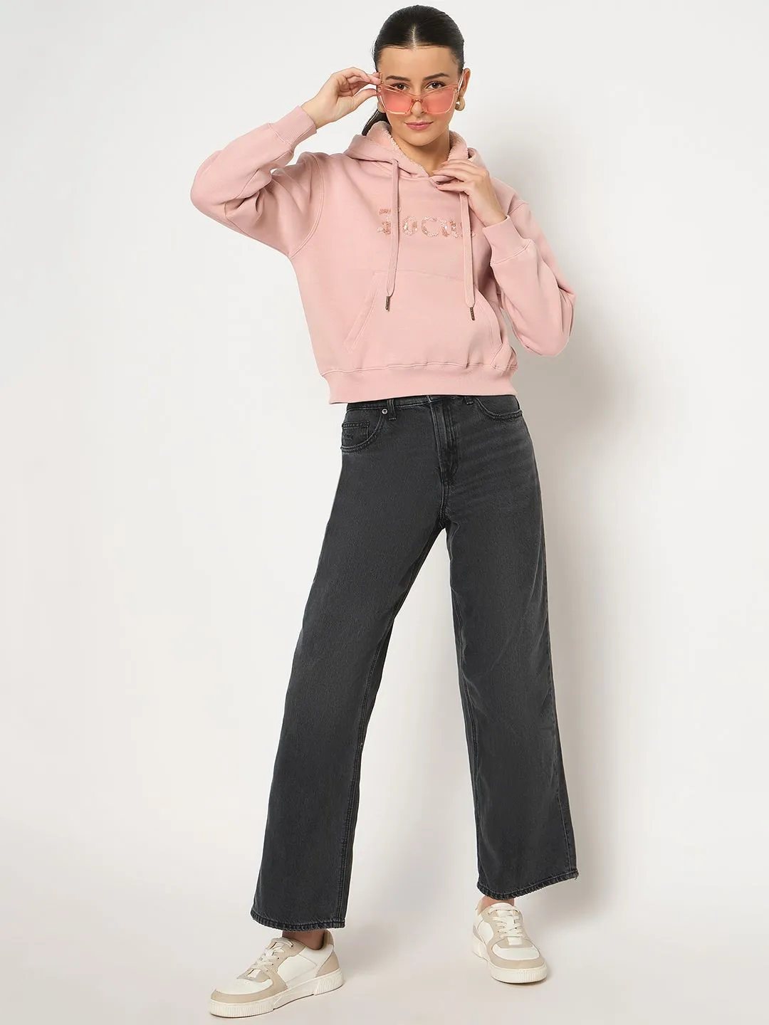 All-Season Wear market demand Madame Fleece Placement Printed Handwork Detailed Dusty Pink Sweatshirt