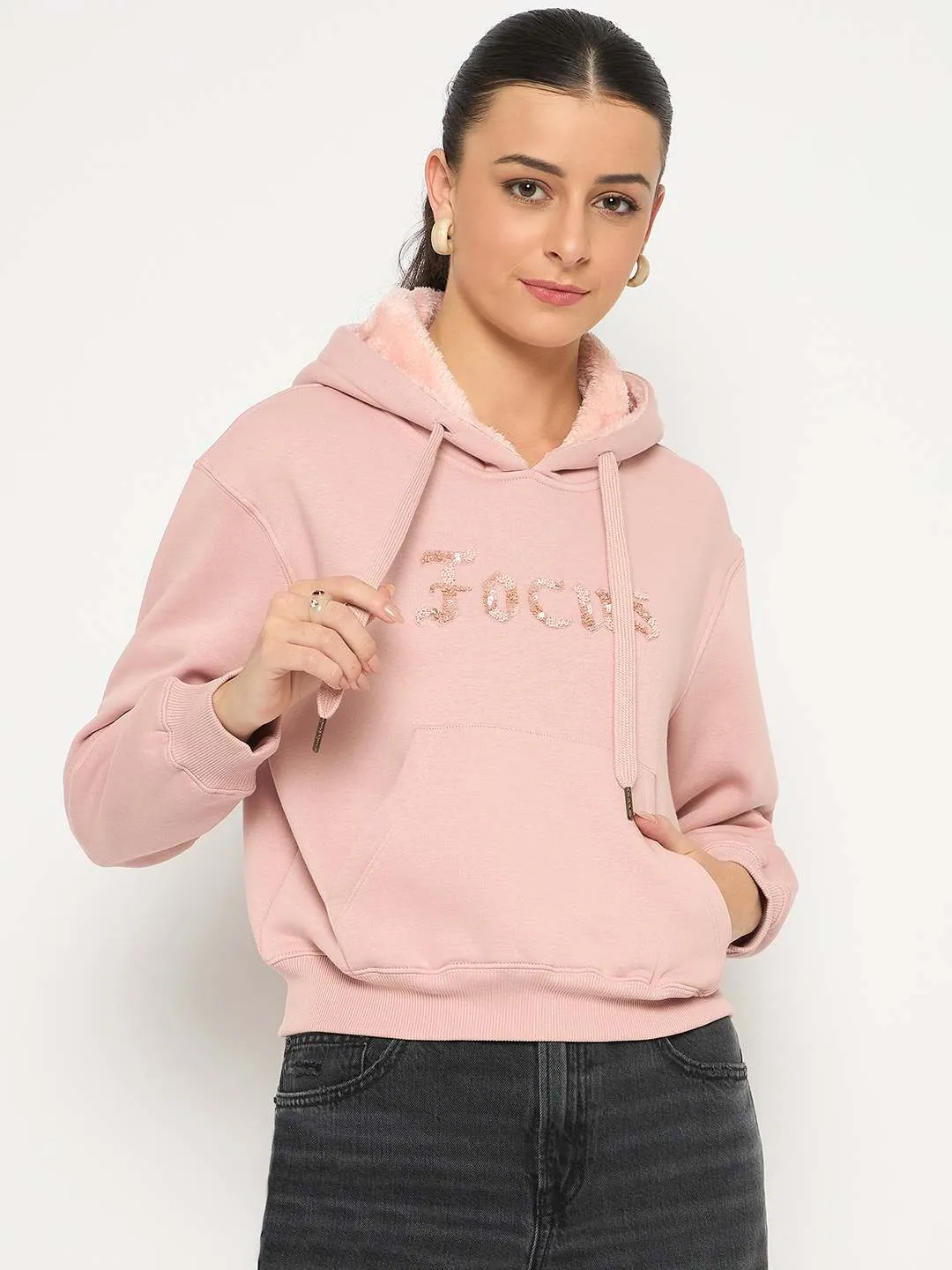 Street-Ready Wear Outdoor Hoodie Madame Fleece Placement Printed Handwork Detailed Dusty Pink Sweatshirt